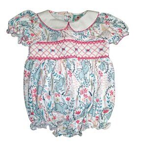 Smocked Flamingo Baby Romper 12M With Peter Pan Collar & Pastel Bunny Print 3851